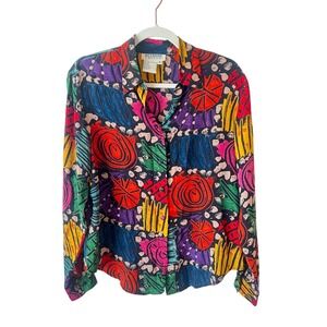 Vintage Allison Taylor M 100% Silk Button Down‎ Blouse Abstract Art to Wear Boho
